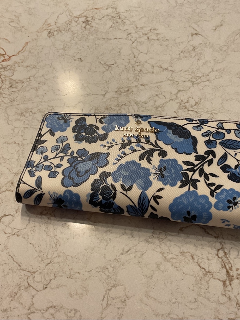 kate spade White Wallet with Blue Floral Print and Gold Logo